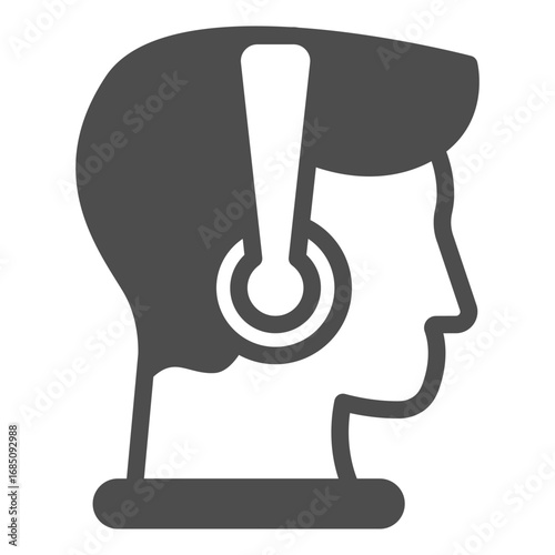 Man head with headphones solid icon, music listening concept. Vector graphics. Attentive listener guy, boy sign on white background, glyph style icon for mobile or web design.