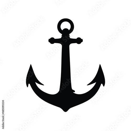Bold black anchor silhouette on white background for marine nautical design, vintage anchor silhouette vector illustration