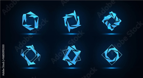 Abstract geometric logo designs with a futuristic and technological aesthetic in shades of blue