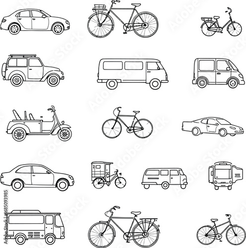 Line drawing set of diverse vehicles and bicycles—includes cars, scooters, motorcycles, and tandem bikes for mobility themes