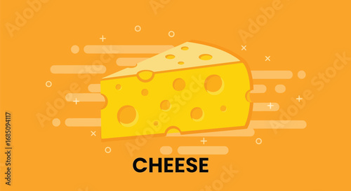 Vector illustration of slice of swiss cheese with holes, isolated on an orange background with abstract shapes