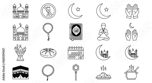 Vector illustration of collection of islamic icons including mosques, crescent moon, praying hands, quran, and prayer beads