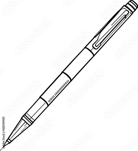 Technical line drawing of mechanical pencil with eraser, grip, and clip—ideal for educational, design, or stationery themes