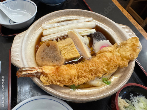 Japanese miso soup with shrimp tempura, tempura, japanese food