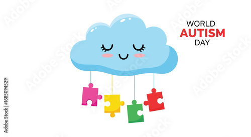 Vector illustration of cute blue cloud with closed eyes and a smile, hanging puzzle pieces for world autism day
