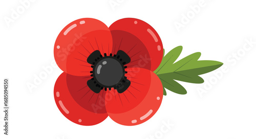 Vector illustration of a single red poppy with a green leaf, isolated on a