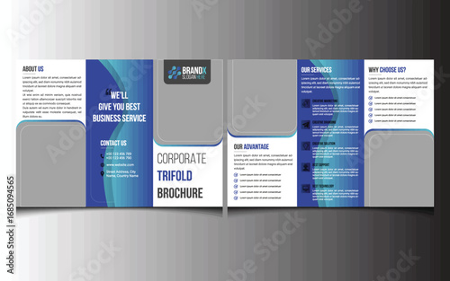 Vector illustration of corporate trifold brochure design with blue and white elements template