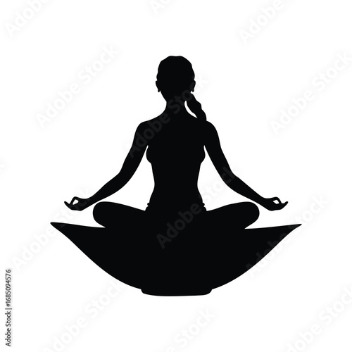 Silhouette of a woman in lotus position meditating on a lotus flower base, woman in boat pose silhouette vector illustration