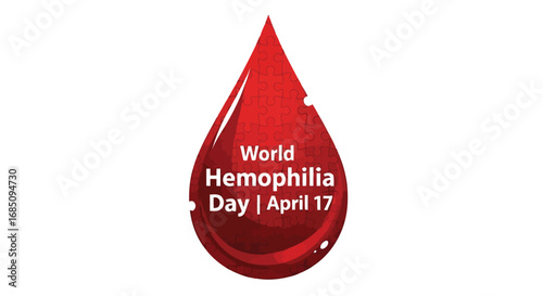 Vector illustration of world hemophilia day april 17, represented by a red blood drop made of puzzle pieces, isolated on a