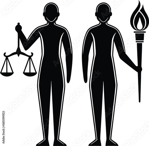 Two silhouettes one holding scales of justice and the other holding a torch