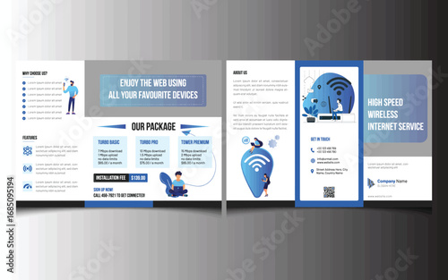 Vector illustration of brochure for high speed wireless internet service with packages template