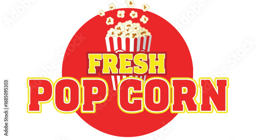 Vector illustration of fresh popcorn sign with red circle and popcorn overflowing from a striped container