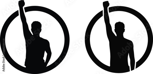 Two silhouettes of a person with a raised fist inside a circle