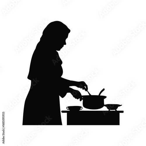 Silhouette of a woman cooking, stirring a pot on a counter with dishes, woman with hijab cooking in kitchen silhouette vector illustration