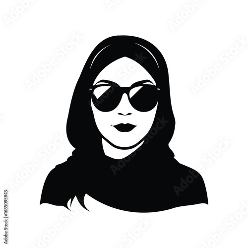 Monochrome portrait of a stylish woman wearing a hijab and sunglasses, woman with hijab and sunglasses silhouette vector illustration