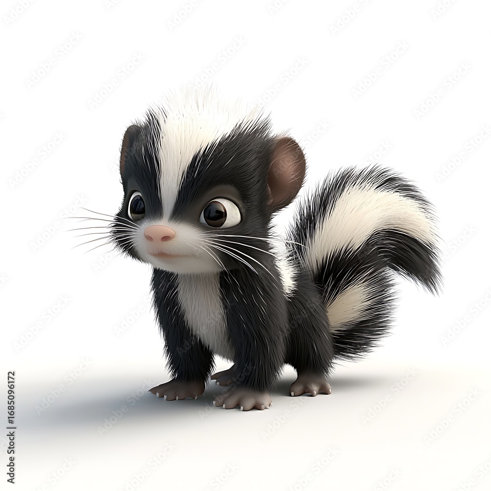 Fototapeta premium Adorable Cartoon Skunk With Big Eyes, Standing On White Background.