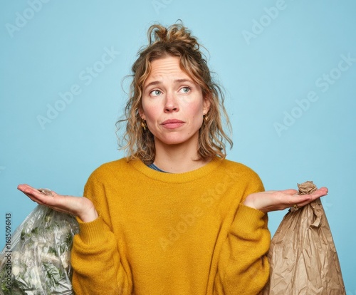 A thoughtful person holds a plastic bag of produce and a paper bag, reflecting on the choices of sustainable food packaging.