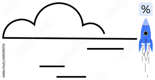 Rocket ascending near a cloud and percent sign. Ideal for business growth, innovation, startup success, progress, technology, financial gain, and future planning concepts. Simple flat metaphor