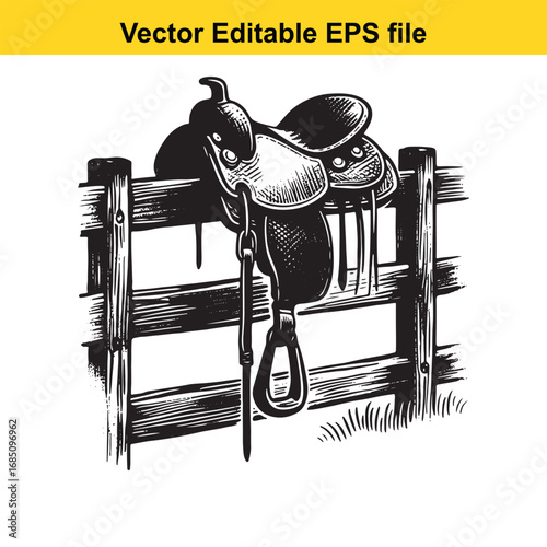 Western saddle resting on a wooden fence in a black and white illustration