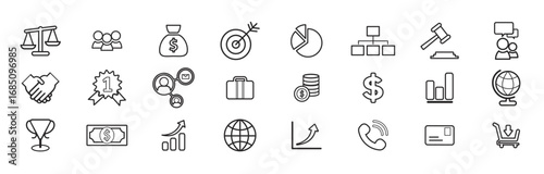 Collection of modern outline icons representing financial services and business concepts on a white background, Line icons about finance. Financial concept. Contains such icons as stock market. Vector