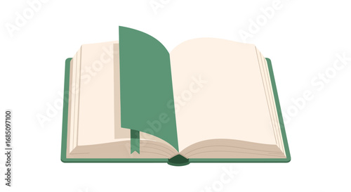 Vector illustration of an open book with a green cover and a page turned
