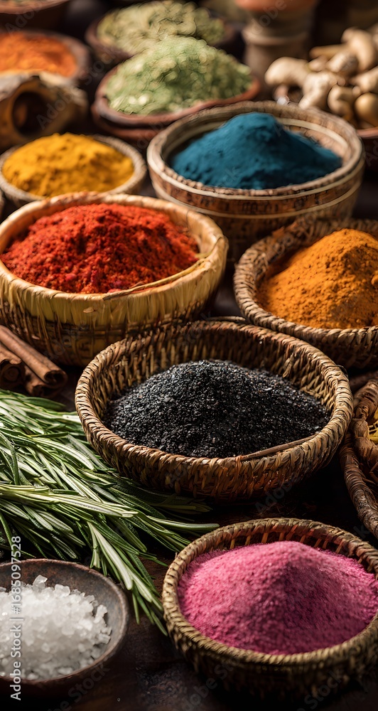 Fototapeta premium Colorful assorted spices and herbs in wooden bowls on rustic kitchen table