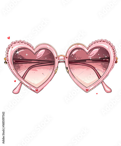 Sparkling pink heart shaped sunglasses with a decorative scalloped edge and subtle heart accents isolated on transparent background