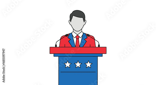 Vector illustration of politician speaking at a podium with microphones during a debate or speech