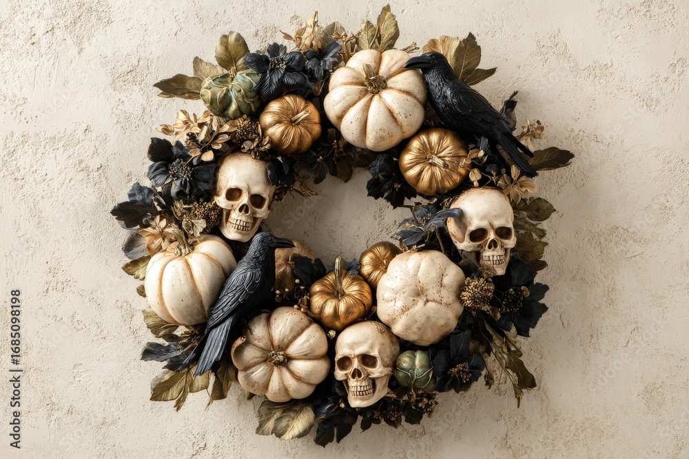 Obraz premium A decorative Halloween wreath, featuring skulls, pumpkins, and ravens, adorns a neutral backdrop.