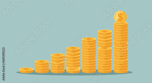 Illustration depicting rising stacks of gold coins representing financial growth and success.