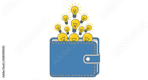 A blue wallet overflowing with glowing lightbulbs, symbolizing a wealth of innovative ideas and creative thinking.