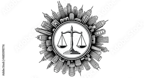 Vector illustration of scales of justice symbol surrounded by a cityscape