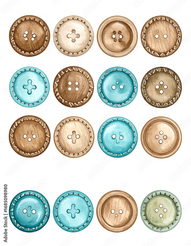 Fototapeta premium Set of decorative buttons in various shades of brown and teal, arranged in a grid