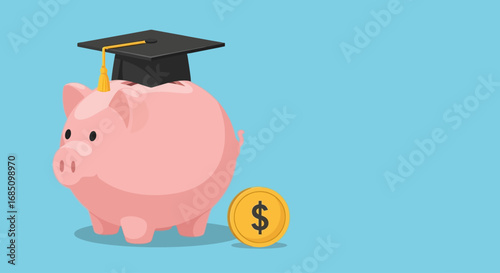 A charming pink piggy bank adorned with a graduation cap, symbolizing educational savings, stands beside a gleaming dollar coin.