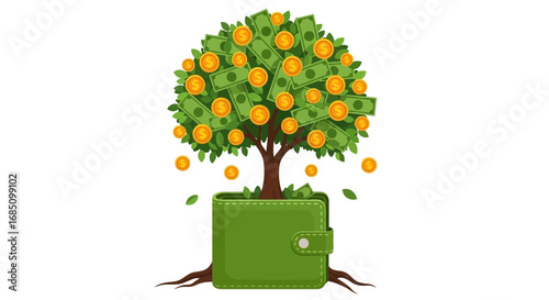 A money tree growing out of a green wallet, symbolizing financial growth and wealth.