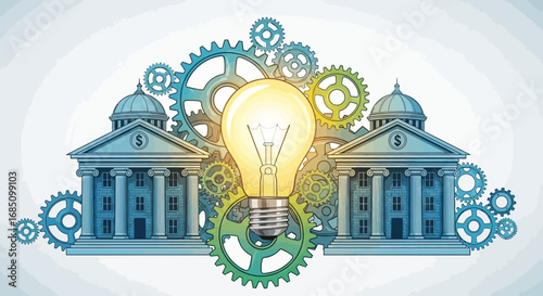 Conceptual illustration depicting two buildings, gears, and a glowing lightbulb, representing innovation.