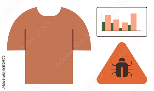 Brown shirt next to a bar graph and triangle warning sign with a bug icon. Ideal for data trends, problem-solving, quality control, analytics, software testing, errors, simple flat metaphor