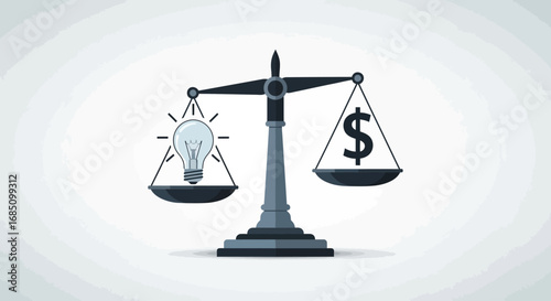 An unbalanced scale shows a dollar sign outweighing a glowing lightbulb idea, symbolizing the cost of innovation.
