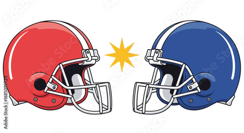 Vector illustration of two american football helmets, one red and one blue, facing each other with a starburst in between, representing competition and rivalry
