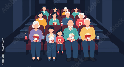 A diverse group of people enjoying a movie together in a dark cinema watching the screen and holding popcorn boxes