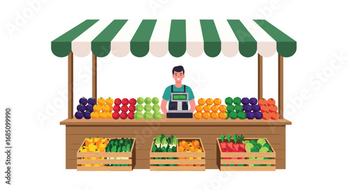 Local farmer presents fresh fruits and vegetables at outdoor market stall offering healthy produce options