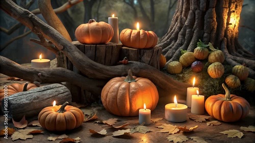 Autumn harvest display with pumpkins and candles set in a wooded area with fallen leaves in the evening light