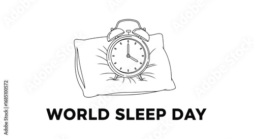 Vector illustration of world sleep day text with a handdrawn illustration of an alarm clock on a pillow