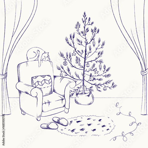Sketch style Cozy living room with Christmas tree armchair with sleeping cat and string lights symbolizing holiday comfort and winter celebration for greeting cards posters invitations holiday. Vector