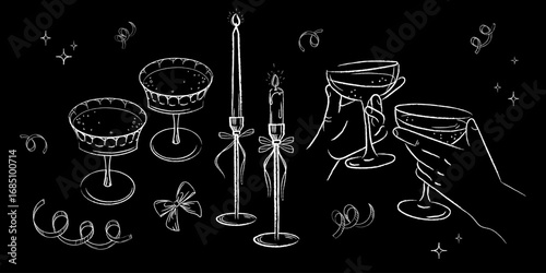 Champagne glasses, hands holding drinks and decorative candles, Sketch drawn set of celebration elegance luxury festive toast for holiday cards invitations posters wedding, anniversary designs.Vector