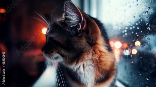 A cozy cat looks out the window at night, fascinated by the raindrops and city lights reflected in the glass