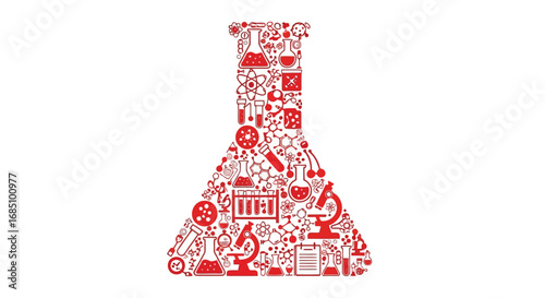 Vector illustration of a large flask shape filled with many small red science icons