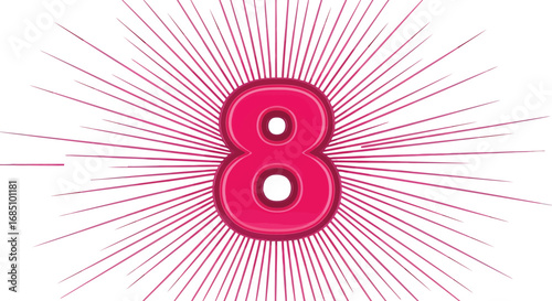 Vector illustration of bright pink number 8 with radiating lines