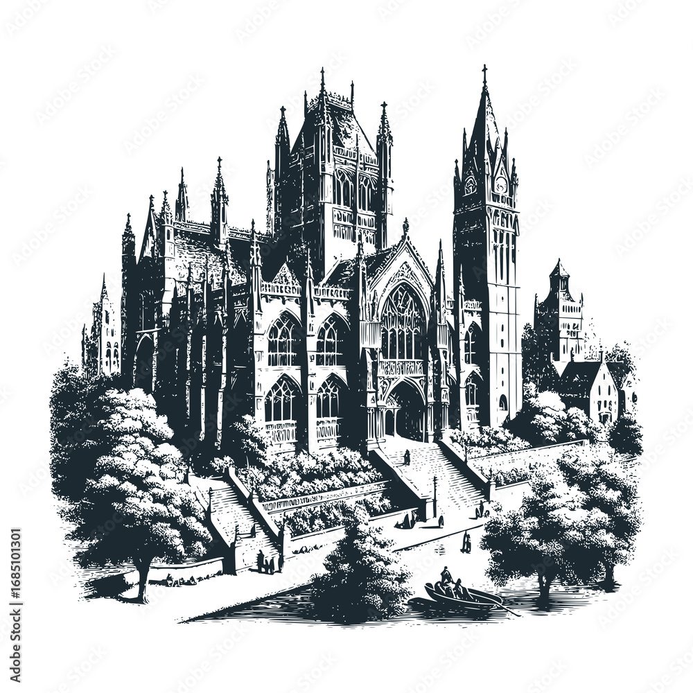 Fototapeta premium Old cathedrals on England Style – Black and White Icon Vector and Illustration
