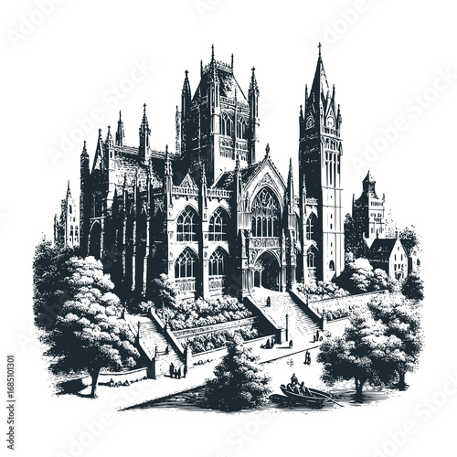Old cathedrals on England Style – Black and White Icon Vector and Illustration